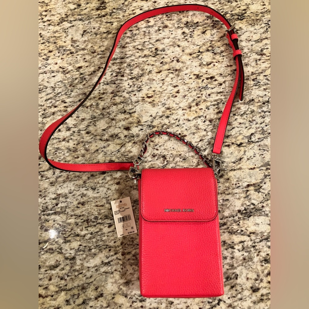 Michael Kors Jet Set Small Chain Thin Crossbody Bag Geranium Pink Silver